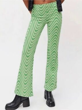 Urban Outfitters Green Wave-Print Flare Pants